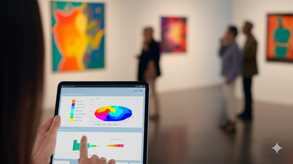 Art gallery staff using tablet with AI insights